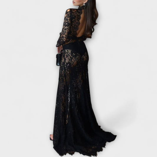 Azalea - Midnight Elegance Prosojne Čipkaste Dugi Rokav Stretch Maxi Odjevni komad