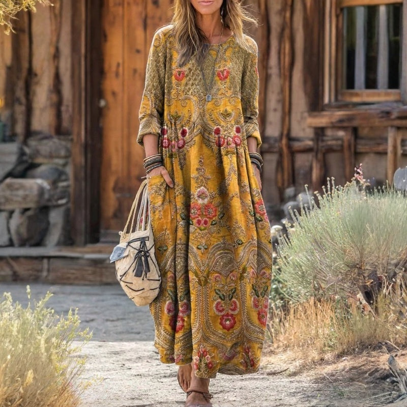 Zlatna – Gorčično Žuta Cvjetna Boho maxi haljina