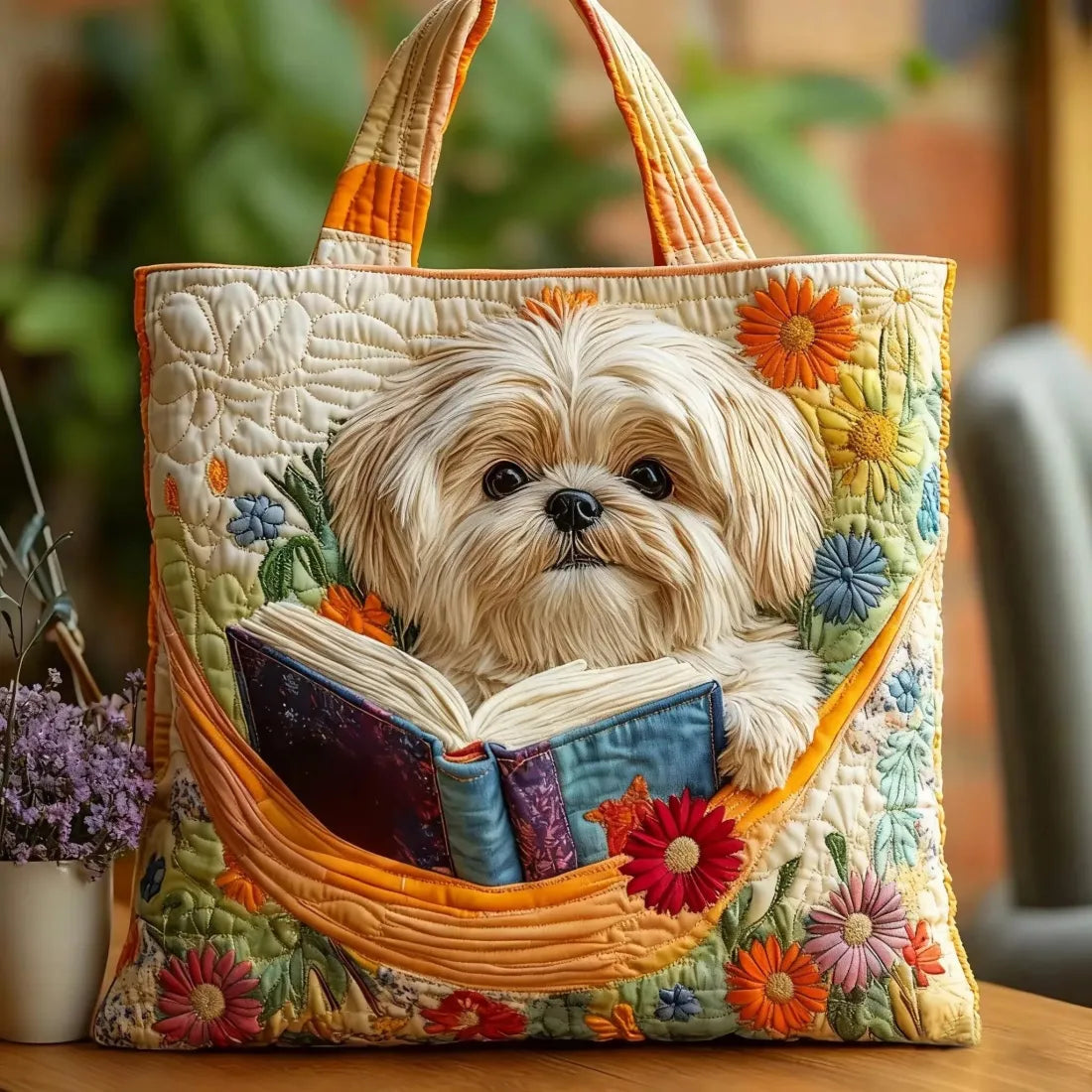 ručno izrađena torba Shih Tzu s knjigo i cvetjem