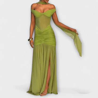 Nicole - maxi haljina s olivno zelenim s U-izrezom