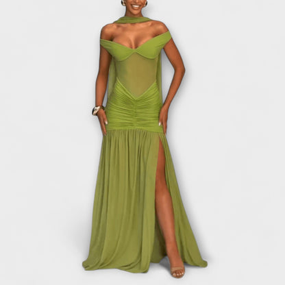 Nicole - maxi haljina s olivno zelenim s U-izrezom