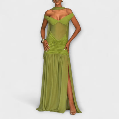 Nicole - maxi haljina s olivno zelenim s U-izrezom