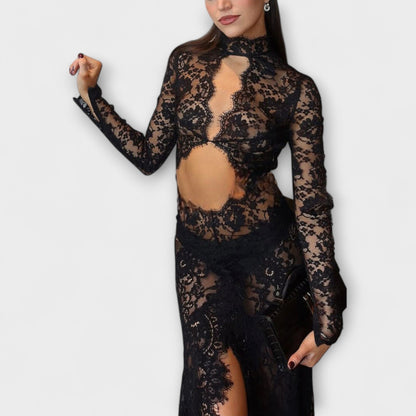 Azalea - Midnight Elegance Prosojne Čipkaste Dugi Rokav Stretch Maxi Odjevni komad