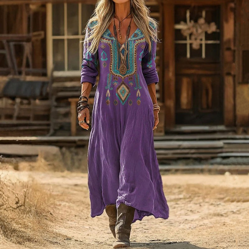 Vesna – Ljubičasta Ornamentalna Boho maxi haljina