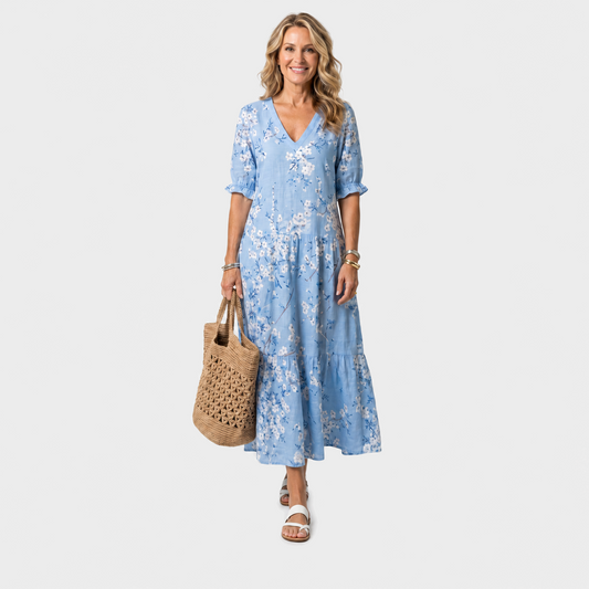Sara – Plava Cvjetna Boho midi haljina