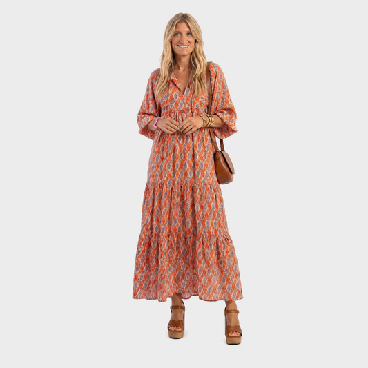 Urška – Narančasta Geometrijska Boho midi haljina