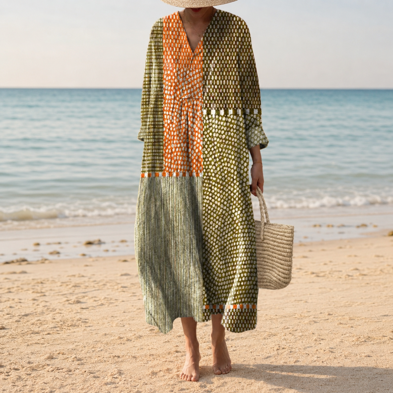 Branka – Oljčna Patchwork midi haljina