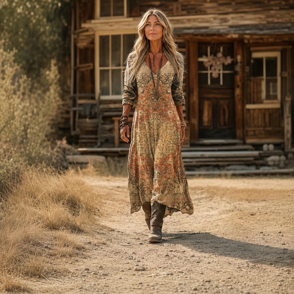 Brigita – Zlatna Boho S Uzorkom maxi haljina