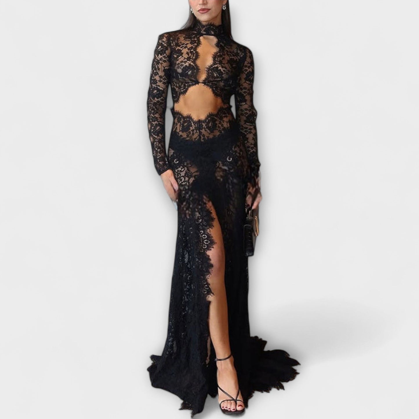 Azalea - Midnight Elegance Prosojne Čipkaste Dugi Rokav Stretch Maxi Odjevni komad