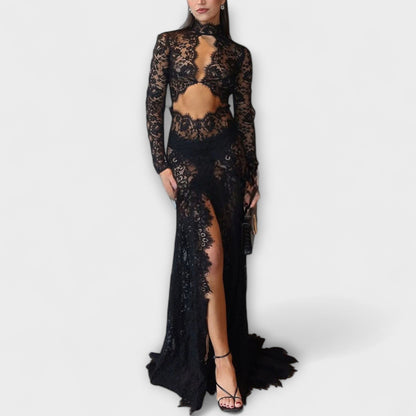 Azalea - Midnight Elegance Prosojne Čipkaste Dugi Rokav Stretch Maxi Odjevni komad