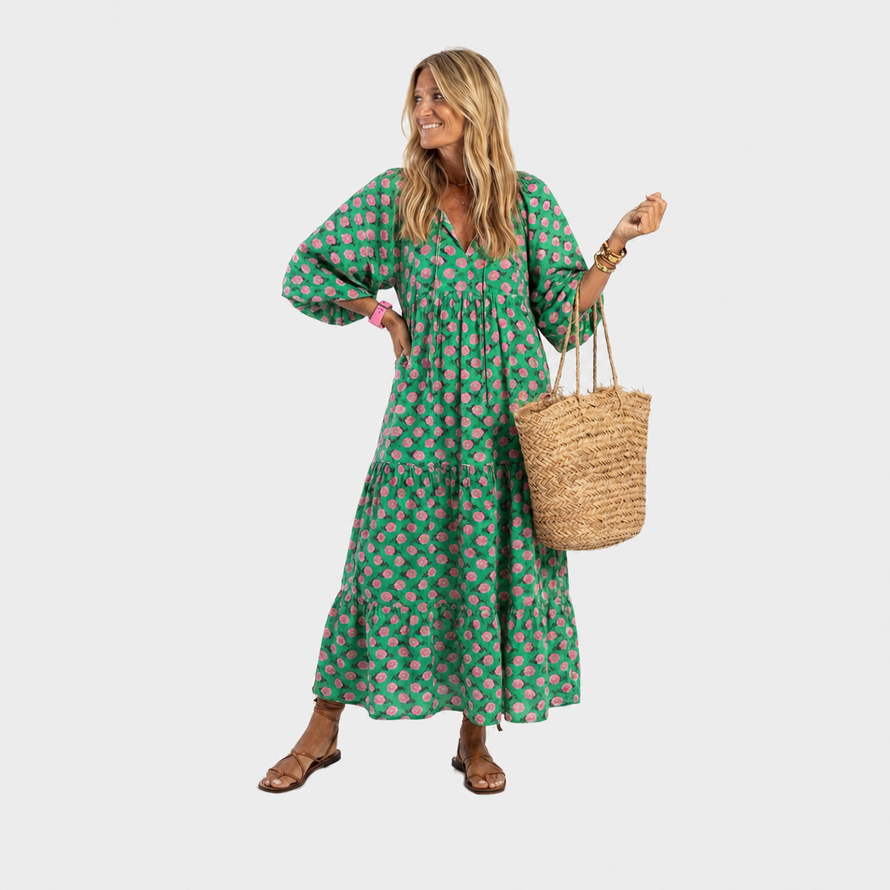 Tjaša – Zelena Cvjetna Boho midi haljina