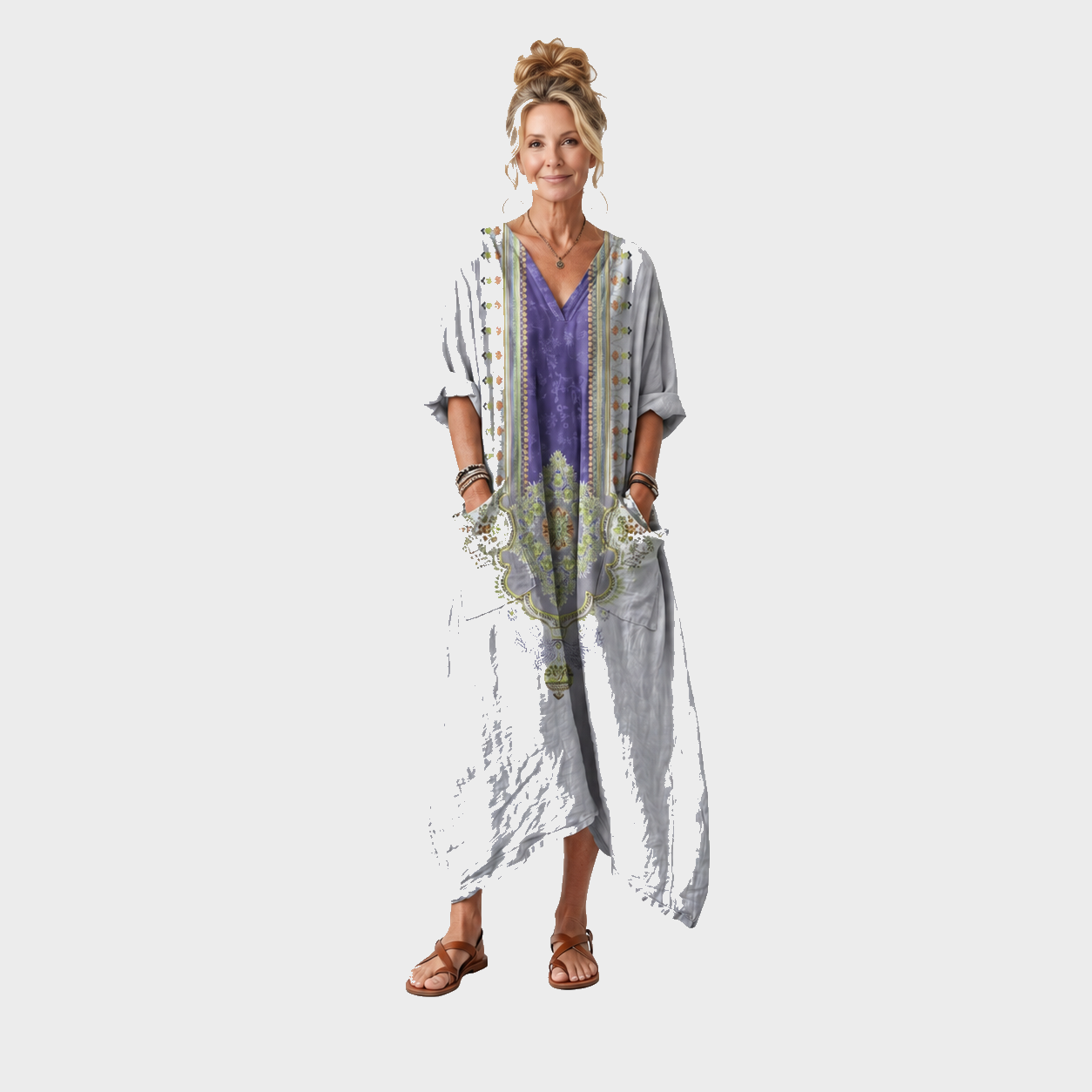 Lara – Višebojna Vezena Boho midi haljina s džepovima