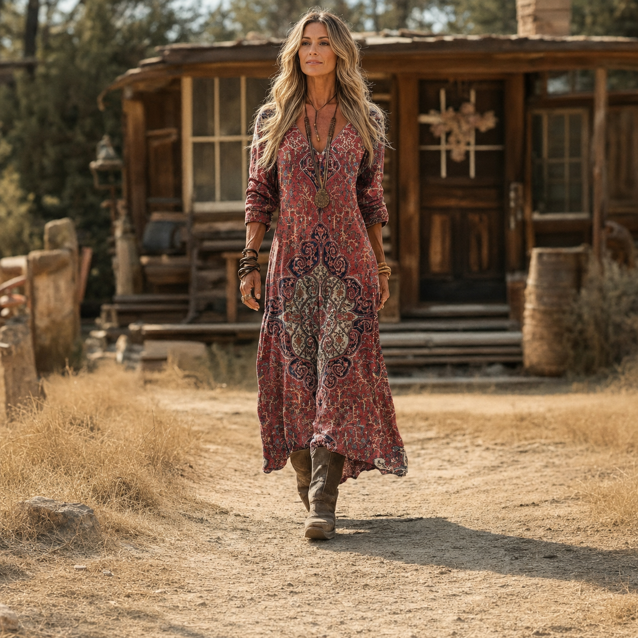 Lara – Crvena Ornamentalna Boho maxi haljina