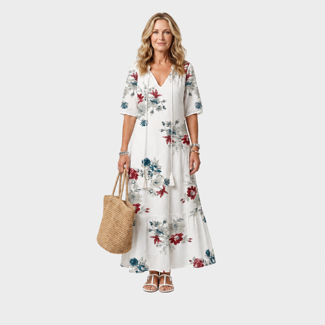 Nika – Bijela Cvjetna Boho midi haljina s resicama