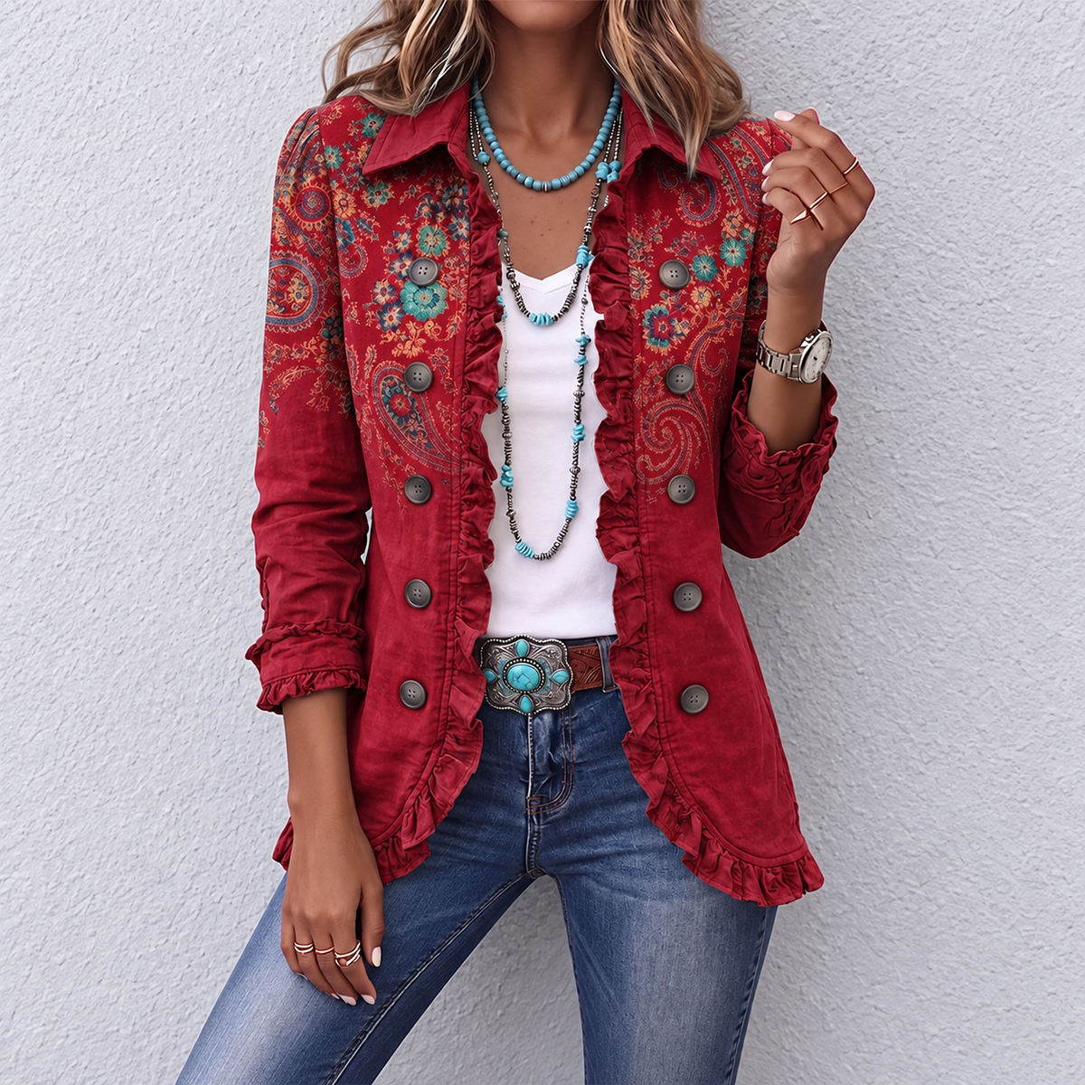 Marija – Paisley Jakna S Volanima – Crvena