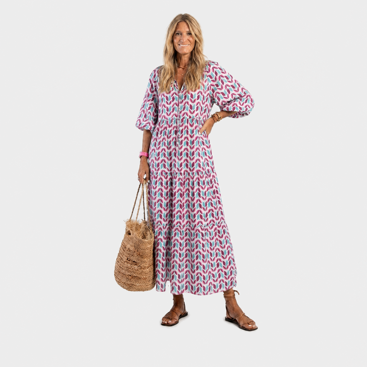 Živa – Rožnato Zlatna Geometrijska Boho midi haljina