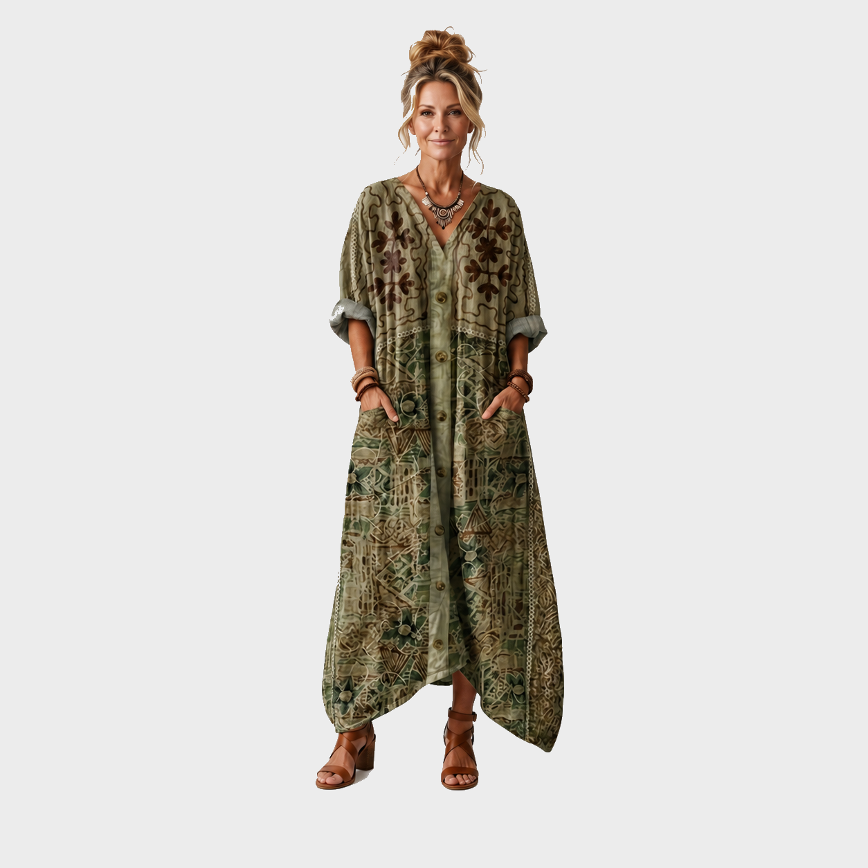 Mojca – Zelena Vezena Boho midi haljina s gumbima