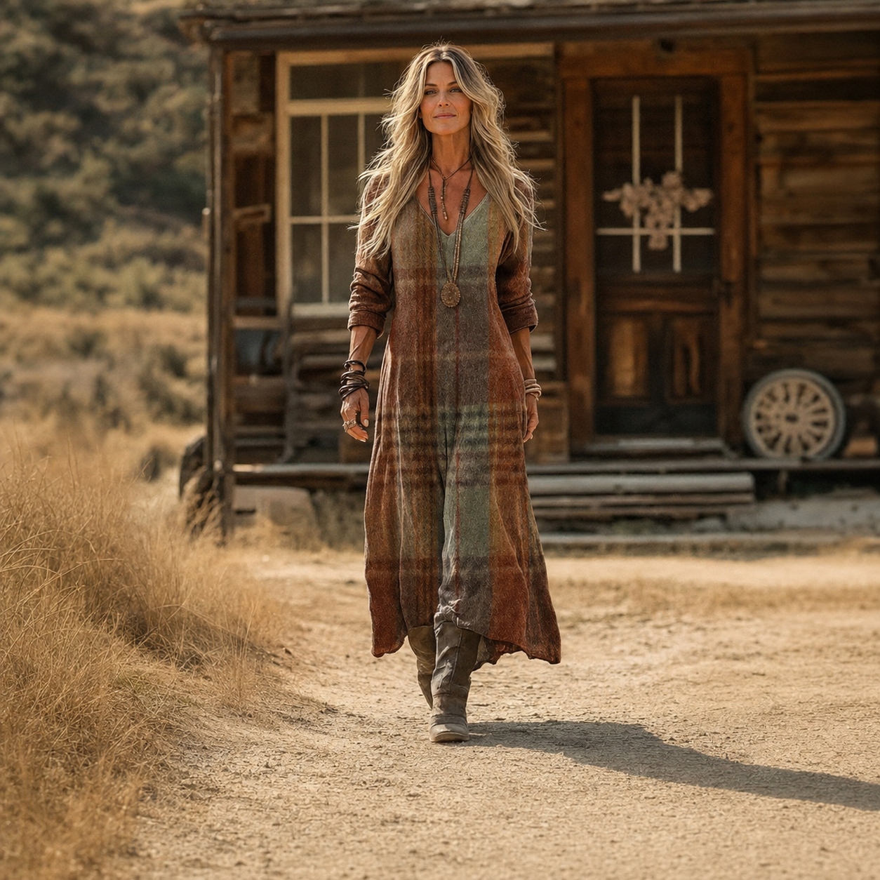 Mojca – Karirana Boho maxi haljina