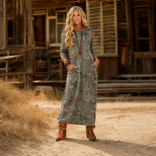 Neža – Siva Cvjetna Boho maxi haljina