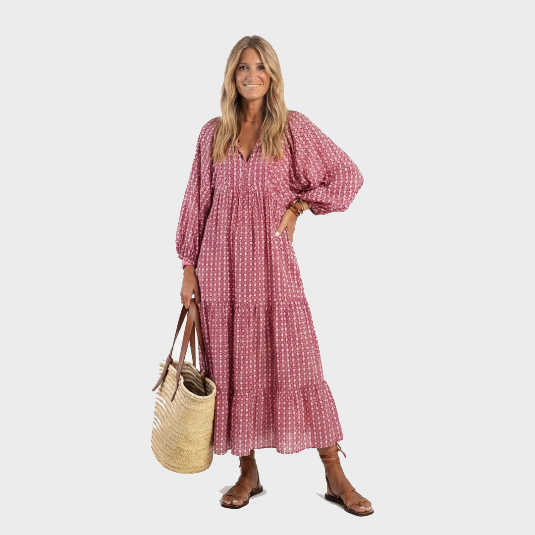 Nina – Ružičasta Geometrijska Boho midi haljina