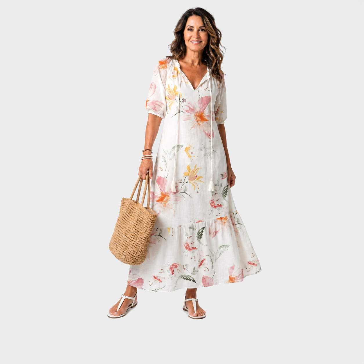 Lana – Bijela Cvjetna Boho midi haljina s resicama