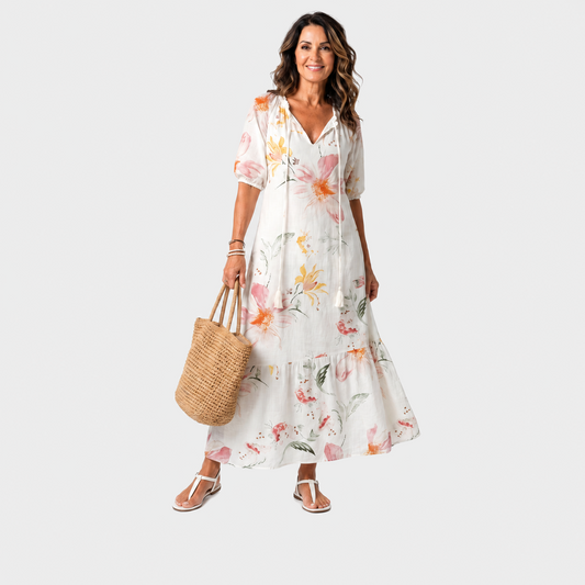 Lana – Bijela Cvjetna Boho midi haljina s resicama