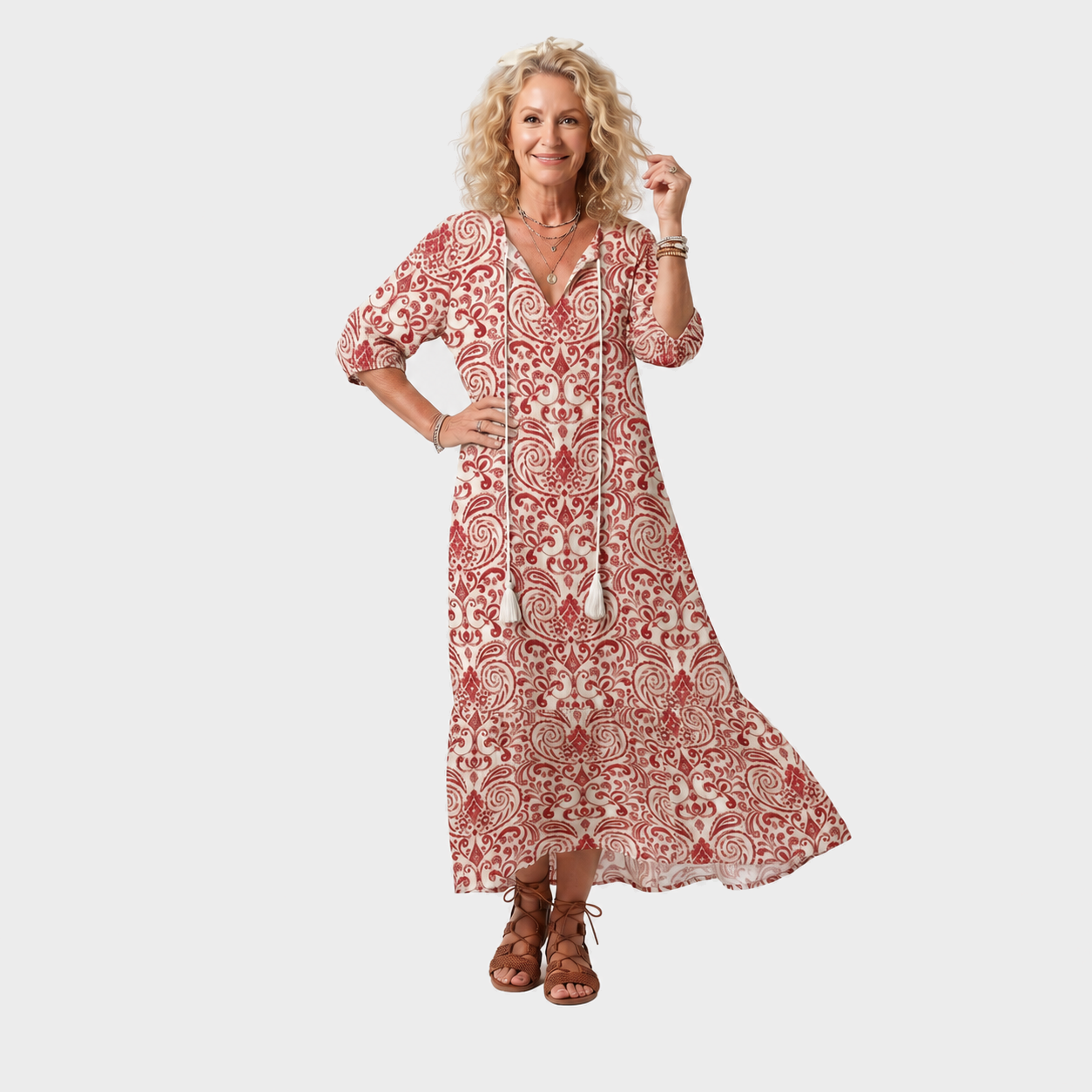 Ajda – Crvena Ornamentalna Boho midi haljina s resicama