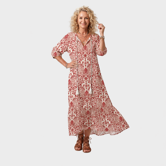 Ajda – Crvena Ornamentalna Boho midi haljina s resicama
