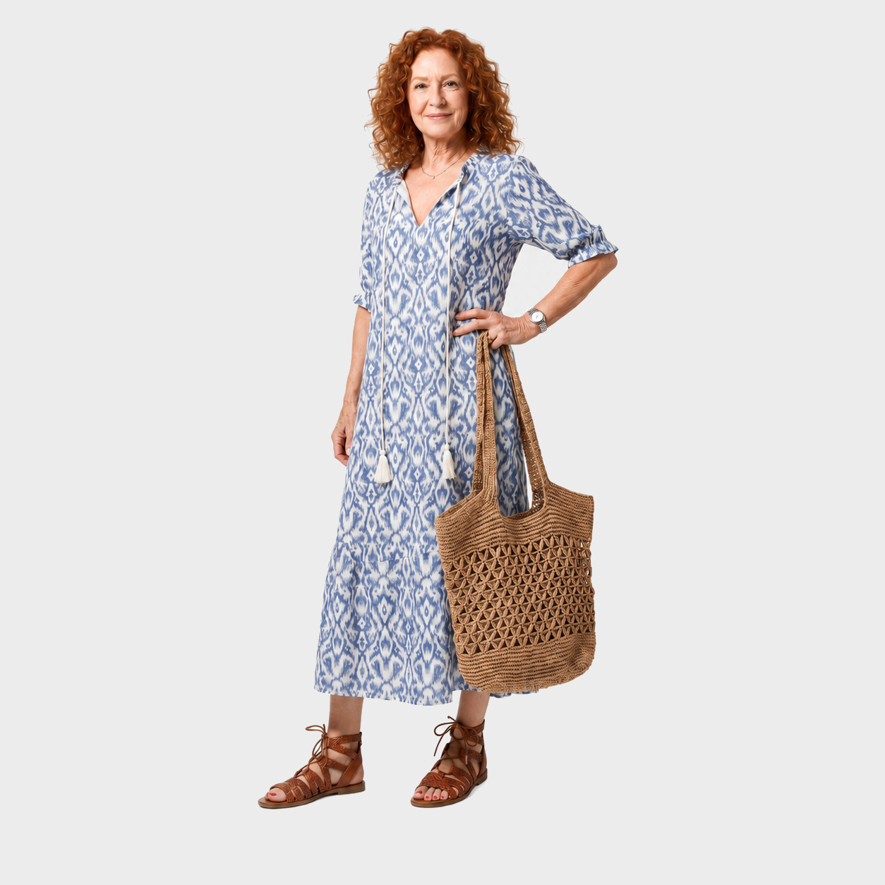 Klara – Plava Boho S Uzorkom midi haljina s resicama