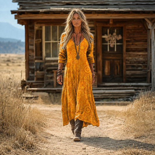 Petra – Žuta Ornamentalna Boho maxi haljina