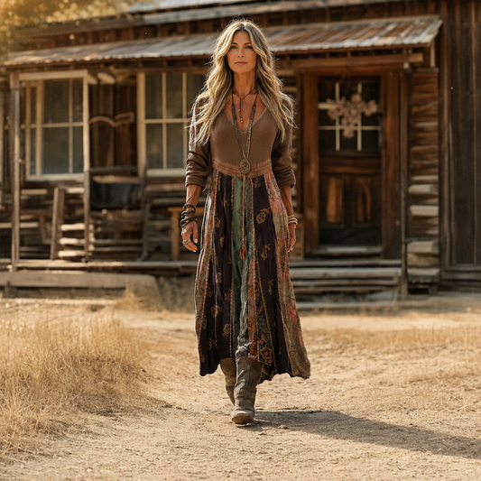 Sabina – Smeđa Cvjetna Boho maxi haljina