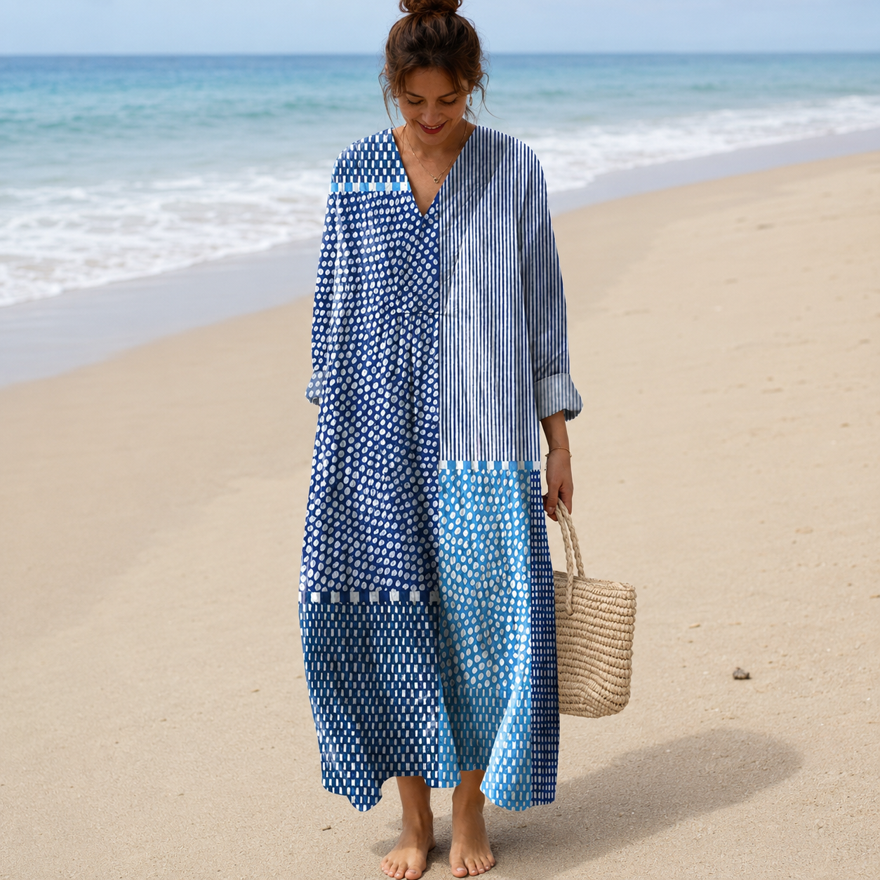 Simona – Plava Patchwork midi haljina