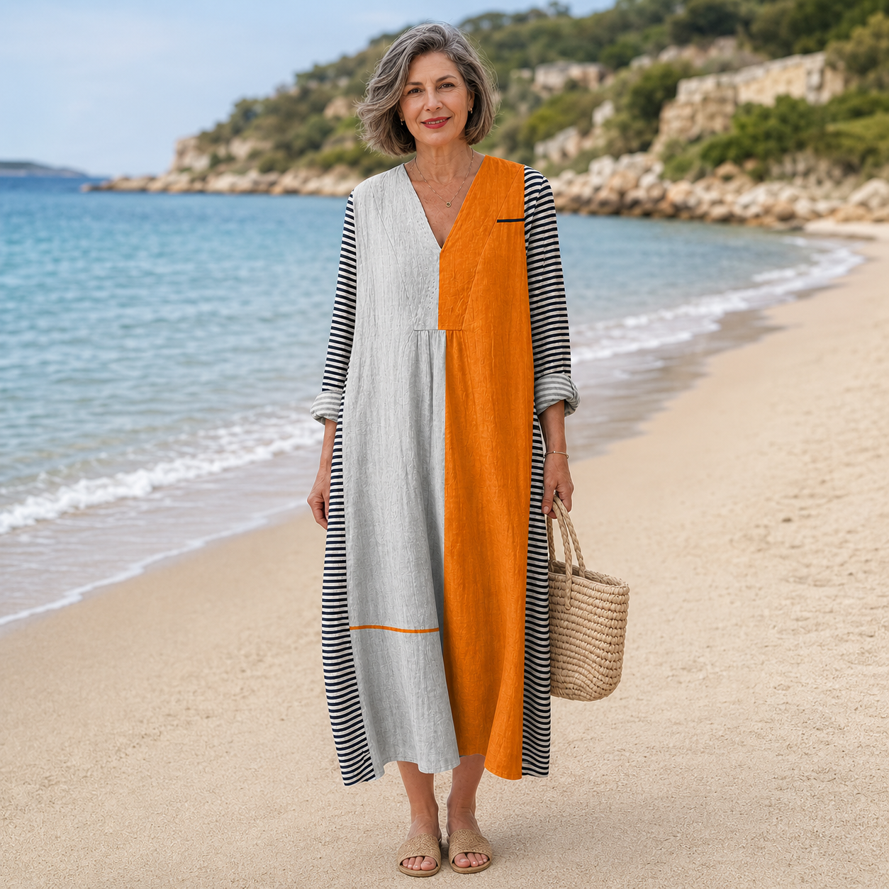 Simona – Oranžno Prugasta midi haljina
