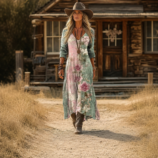 Simona – Zelena Cvjetna Boho maxi haljina