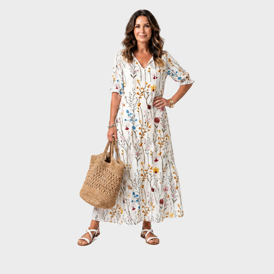 Iva – Bijela Botanička Boho midi haljina s resicama