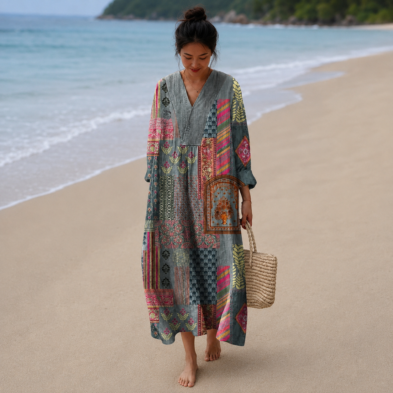 Tadeja – Siva Patchwork maxi haljina