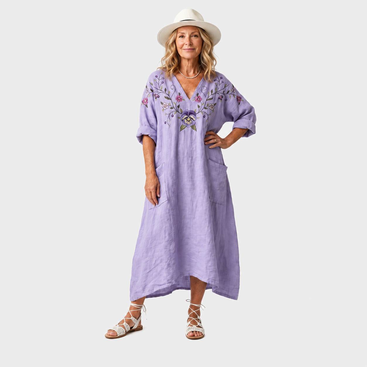 Vesna – Ljubičasta Vezena Boho midi haljina s džepovima