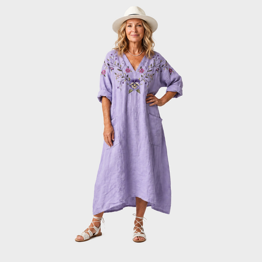 Vesna – Ljubičasta Vezena Boho midi haljina s džepovima