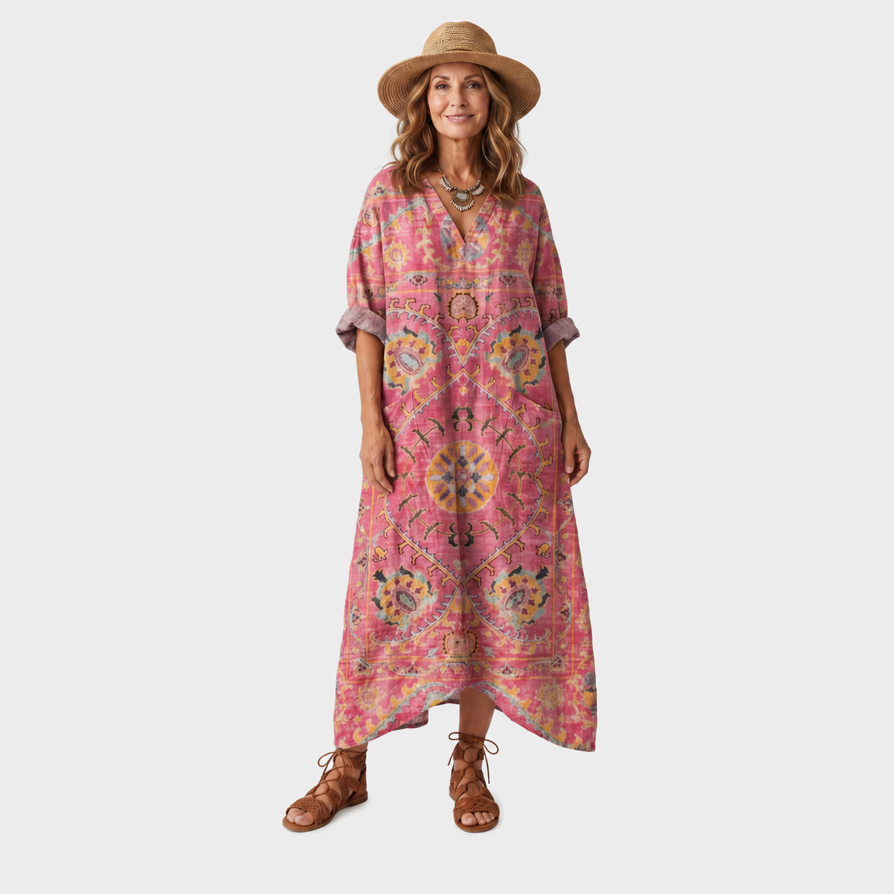 Maja – Ružičasta Ornamentalna Boho midi haljina s džepovima