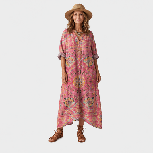 Maja – Ružičasta Ornamentalna Boho midi haljina s džepovima