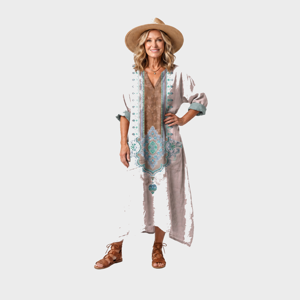 Tina – Ružičasta Vezena Boho midi haljina s džepovima