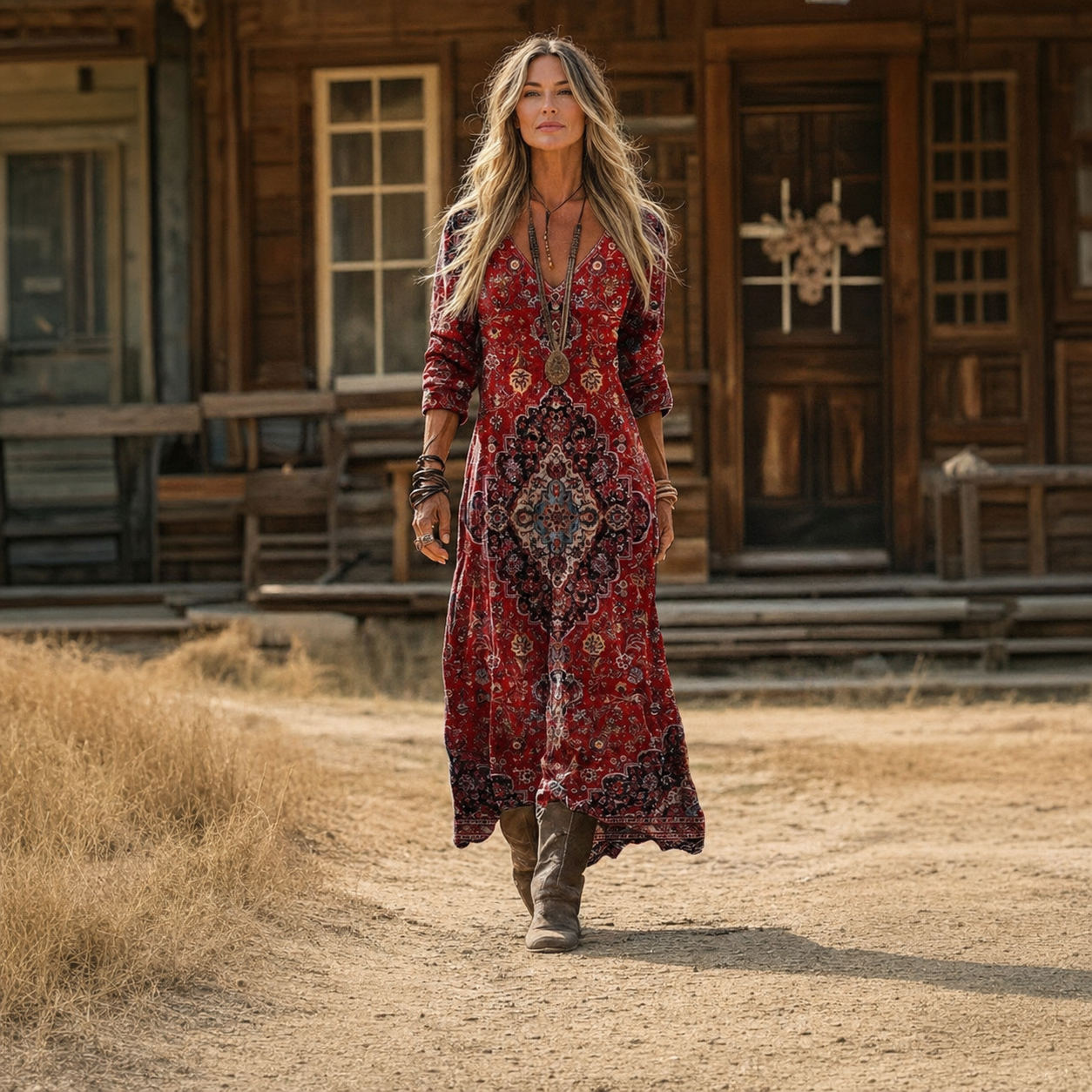 Tina – Crvena Boho S Uzorkom maxi haljina