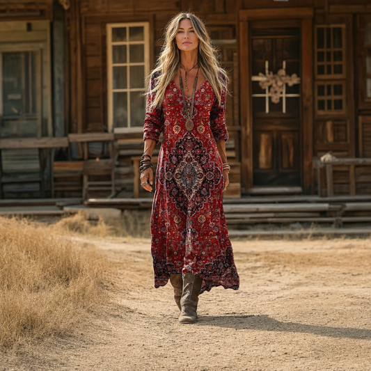 Tina – Crvena Boho S Uzorkom maxi haljina