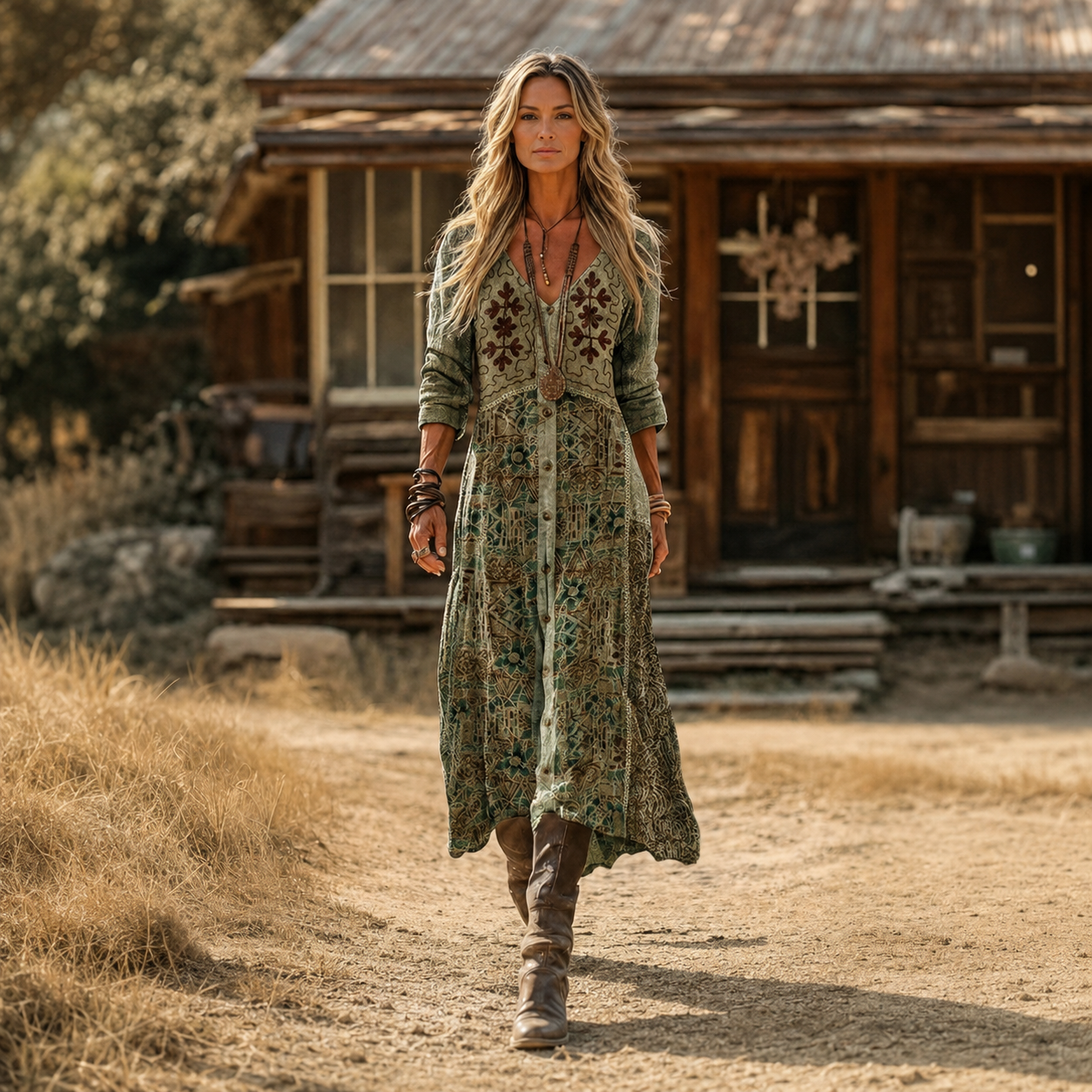 Urška – Zelena Ornamentalna Boho maxi haljina