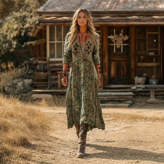 Urška – Zelena Ornamentalna Boho maxi haljina