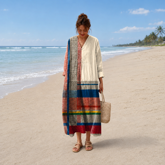 Veronika – Krem Prugasta Patchwork maxi haljina